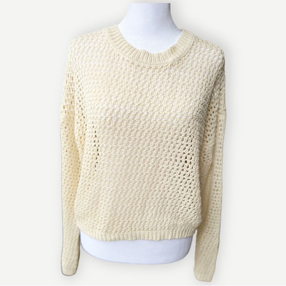 Primark Crochet Open Knit Long Sleeve Boxy Crewneck Cream Pullover Sweater. XS.